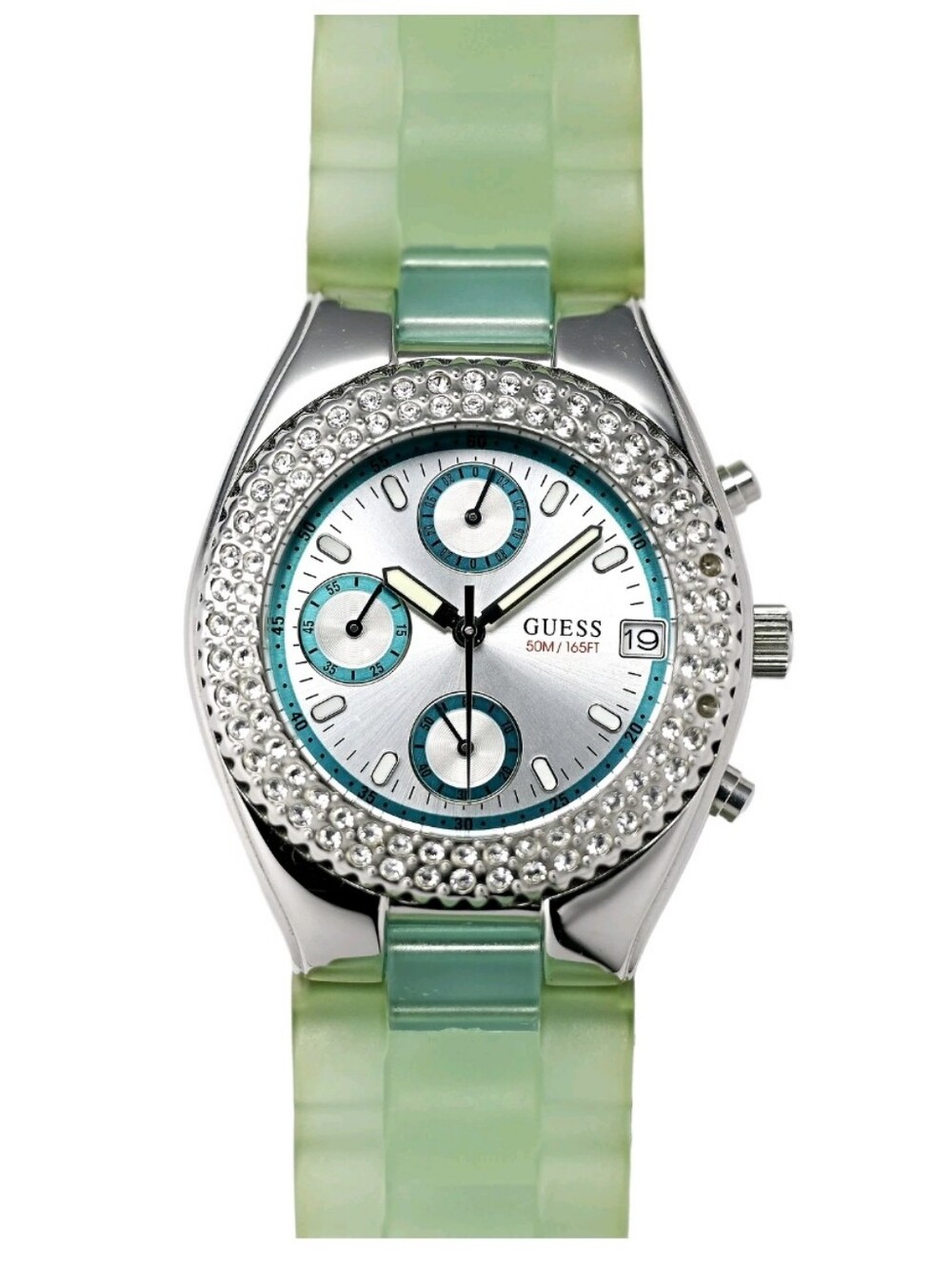 NIB GUESS Chronograph Swarovski Crystal Bezel Aqua Green Strap-